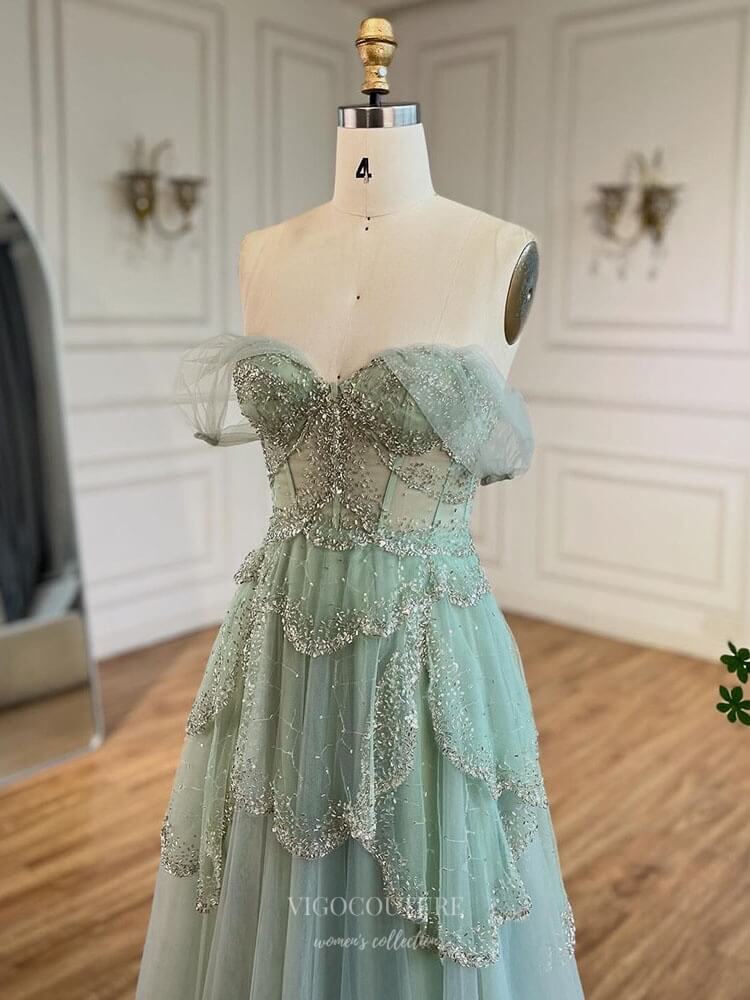 Prom Dress 2025 Green Off the Shoulder Tiered Prom Dresses Sparkly Beaded Pageant Dress 25020-unique elegant Prom Dresses-Green-US2-vigocouture