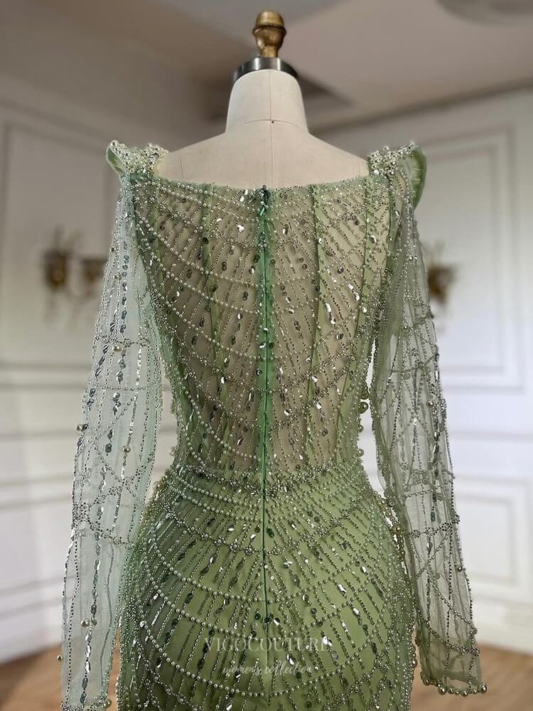 Prom Dress 2025 Green Pearl String Mermaid Pageant Dresses Sheer Long Sleeve Formal Gown 25017-unique elegant Prom Dresses-Green-US2-vigocouture