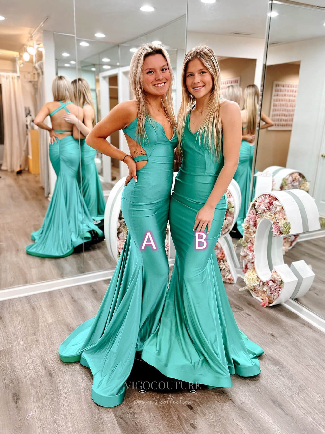 Green Satin Mermaid Cheap Prom Dresses Ruched Hips V-Neck 24067 vigocouture Green Satin Mermaid Cheap Prom Dresses Ruched Hips V-Neck 24067 vigocouture