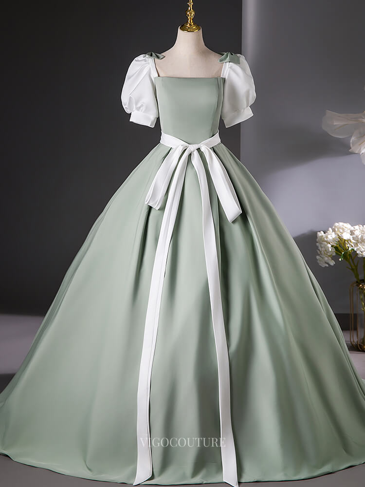 Green Satin Prom Dresses with Puffed Sleeve, Belt, Bow, Quinceanera Dr vigocouture Green Satin Prom Dresses with Puffed Sleeve, Belt, Bow, Quinceanera Dr vigocouture