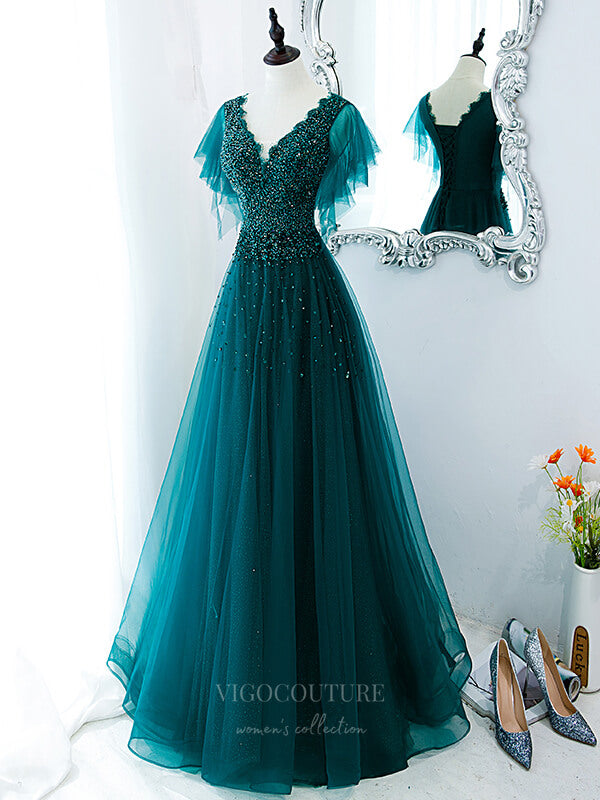 Green Sequin Beaded Tulle V-Neck Prom Dress 20882 – vigocouture