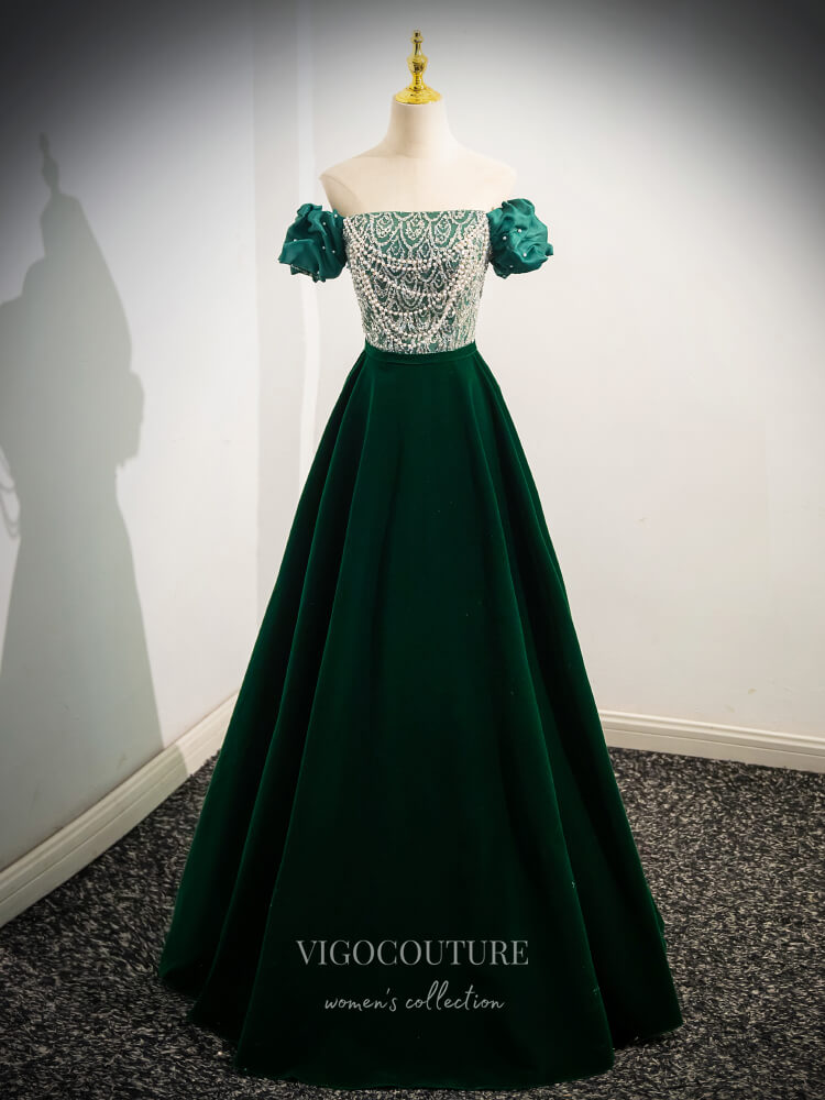 Green Sequin Lace Velvet Prom Dresses Puffed Sleeve Pearl String 24377 - Green / US12 Green Sequin Lace Velvet Prom Dresses Puffed Sleeve Pearl String 24377 - Green / US12