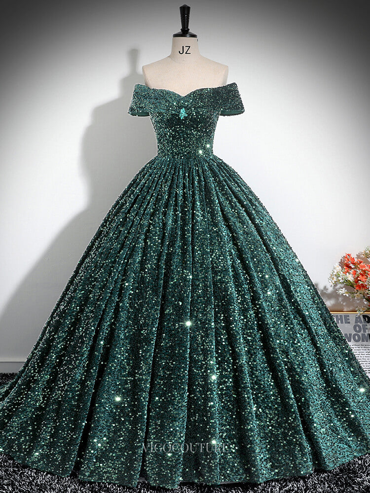 Green Sequin Prom Dresses Off the Shoulder Sparkly Quinceanera Dresses BG025 Custom Colors / 16W Green Sequin Prom Dresses Off the Shoulder Sparkly Quinceanera Dresses BG025 Custom Colors / 16W