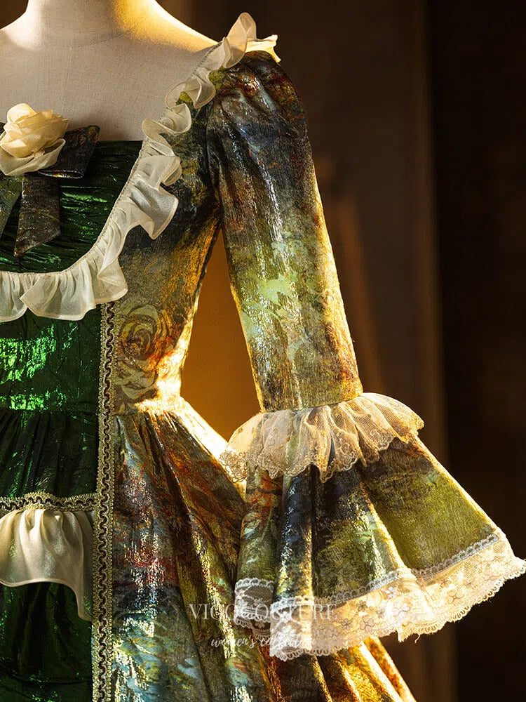 Prom Dress 2025 Green Shimmering Tiered Ruffled Vintage Princess Dress Puffed Sleeve Quinceanera Dresses 25046-unique elegant Prom Dresses-Green-Custom Size-vigocouture