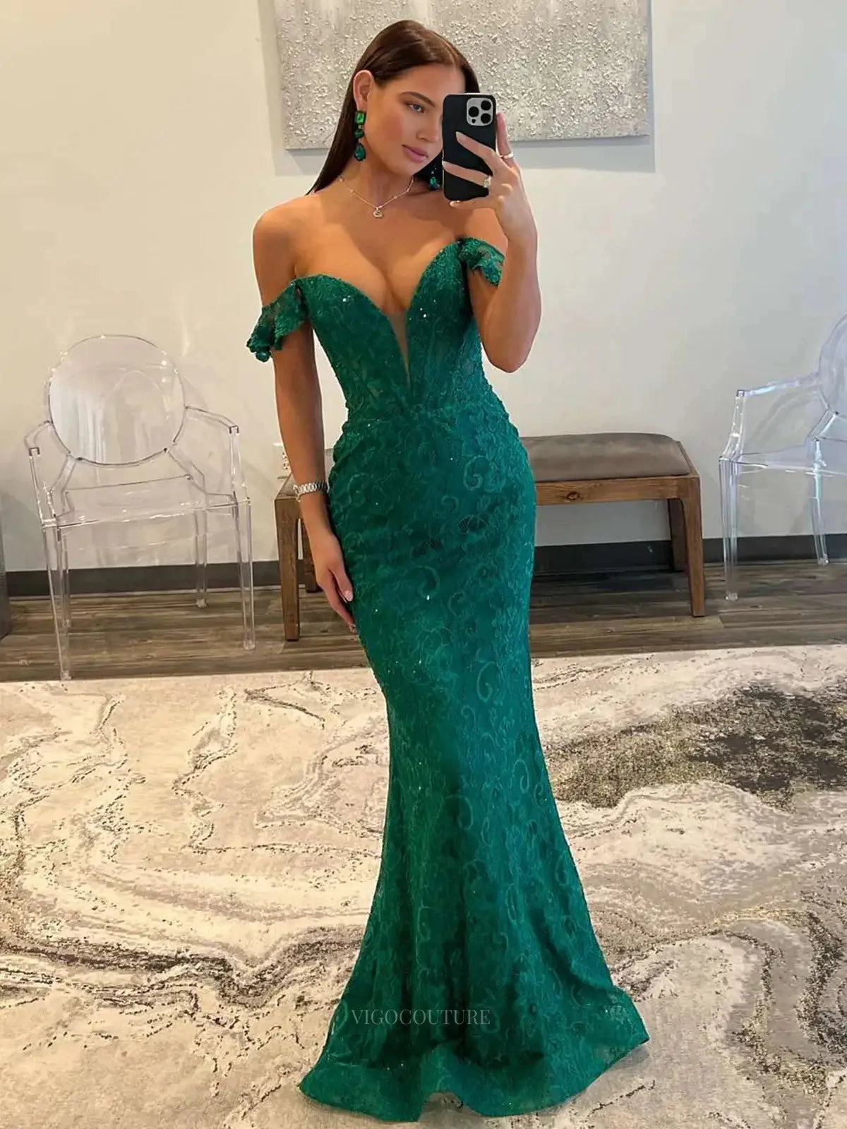 Green Sparkly Lace Prom Dresses 2025 Sweetheart Neck Off the Shoulder vigocouture Green Sparkly Lace Prom Dresses 2025 Sweetheart Neck Off the Shoulder vigocouture