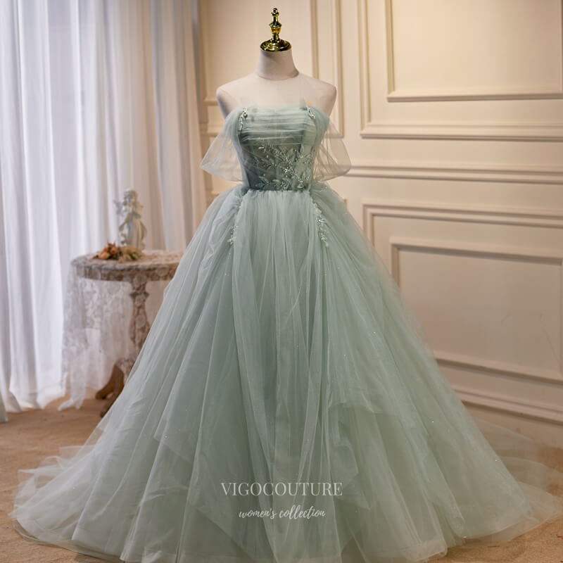 Green Tulle Prom Dresses Off the Shoulder Formal Gown 21868 vigocouture Green Tulle Prom Dresses Off the Shoulder Formal Gown 21868 vigocouture