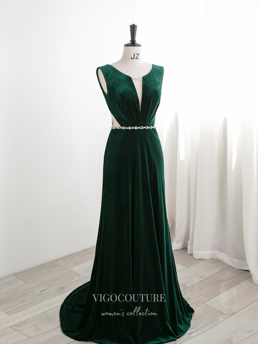 Green Velvet Prom Dresses Plunging V-Neck Formal Dresses 21321 vigocouture Green Velvet Prom Dresses Plunging V-Neck Formal Dresses 21321 vigocouture