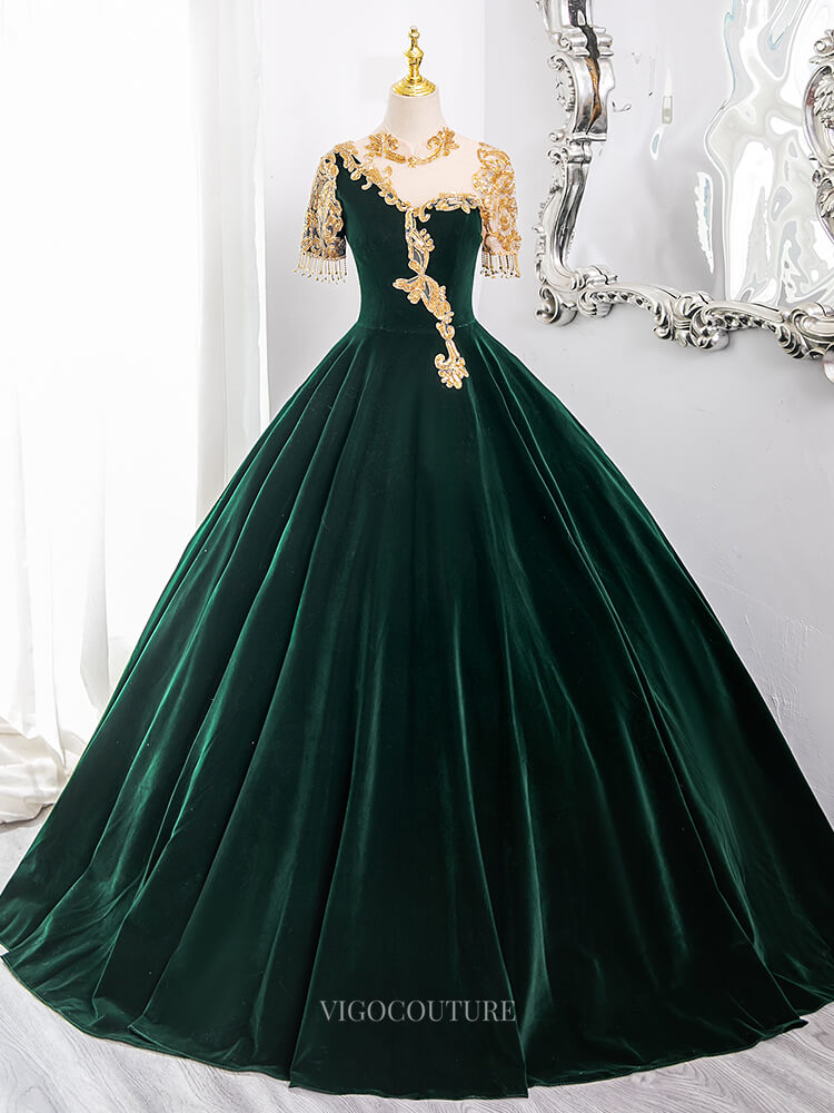Green Velvet Prom Dresses with Lace, Short Sleeve, High Neck, Tassels, Quinceanera Gown BG009 Green / Custom Size Green Velvet Prom Dresses with Lace, Short Sleeve, High Neck, Tassels, Quinceanera Gown BG009 Green / Custom Size