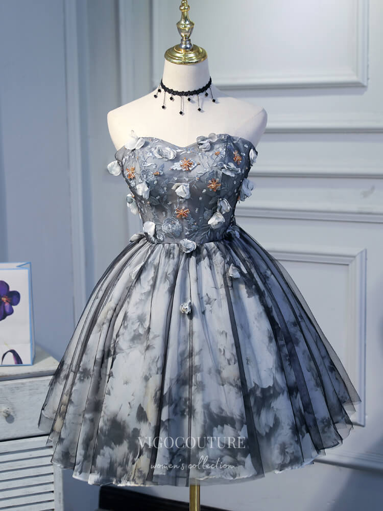 Grey 3D Flower Homecoming Dresses Strapless Dama Dresses hc080 Custom Colors / 20W Grey 3D Flower Homecoming Dresses Strapless Dama Dresses hc080 Custom Colors / 20W