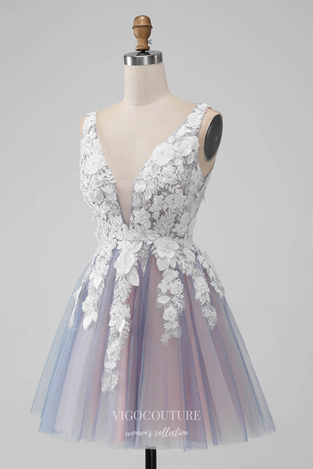 Grey 3D Flower V-Neck Homecoming Dresses V-Neck Back to School Dress hc384 Grey 3D Flower V-Neck Homecoming Dresses V-Neck Back to School Dress hc384
