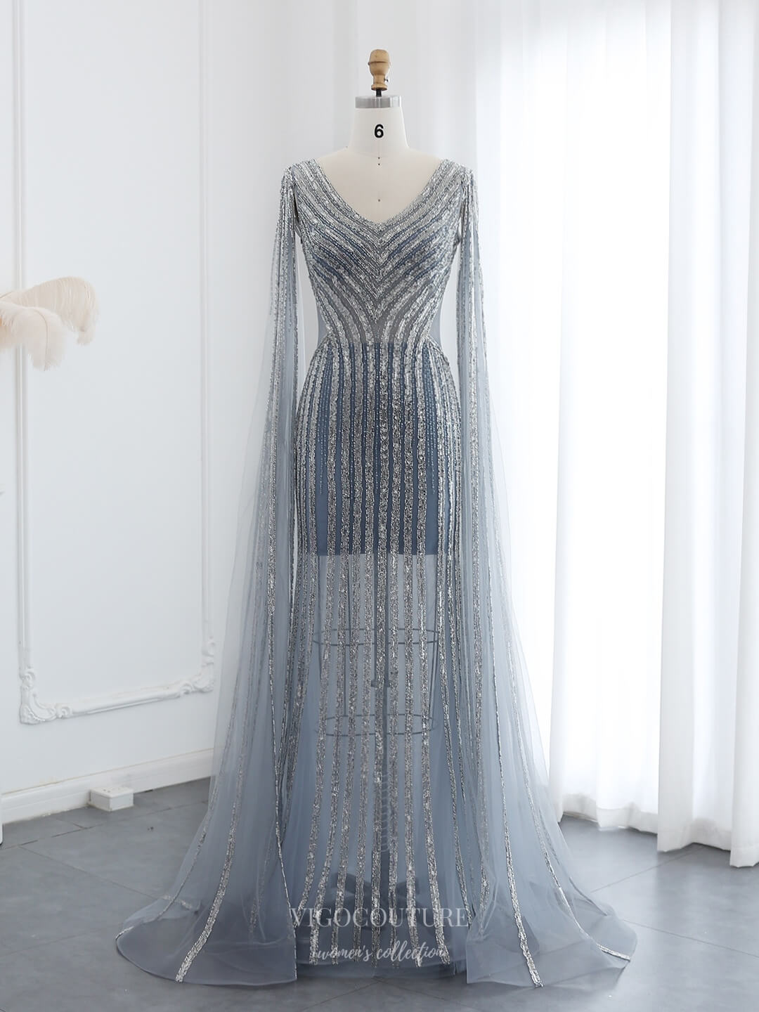 Grey Beaded Extra Long Sleeve Pageant Dresses Sheer V-Neck Neck Evening Dress 25032 - Grey / US16 Grey Beaded Extra Long Sleeve Pageant Dresses Sheer V-Neck Neck Evening Dress 25032 - Grey / US16