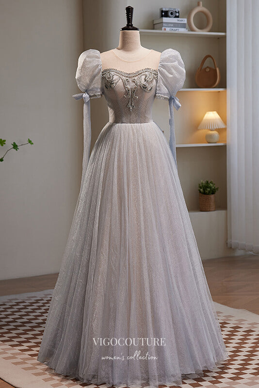 Grey Beaded Shimmering Tulle Prom Dress with Puffed Sleeve 22305 Custom Colors / 20W Grey Beaded Shimmering Tulle Prom Dress with Puffed Sleeve 22305 Custom Colors / 20W