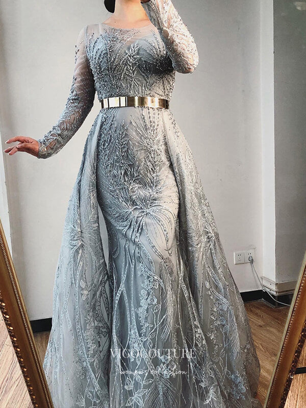 Grey Long Sleeve Formal Dresses Beaded Evening Dresses 21532 vigocouture Grey Long Sleeve Formal Dresses Beaded Evening Dresses 21532 vigocouture