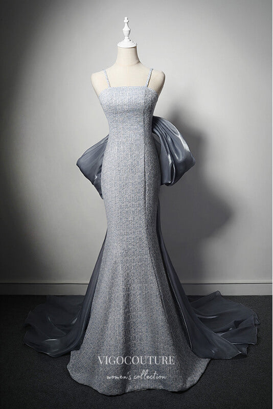 Grey Mermaid Bow-Tie Prom Dresses with Spaghetti Strap 22367 vigocouture Grey Mermaid Bow-Tie Prom Dresses with Spaghetti Strap 22367 vigocouture