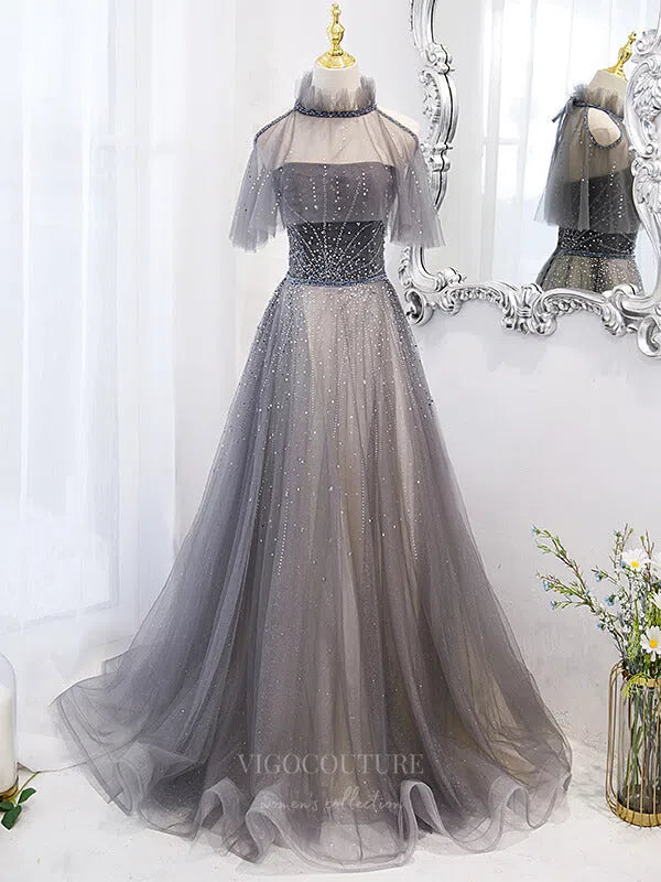 Grey Removable Beaded Tulle Prom Dress 20887 vigocouture Grey Removable Beaded Tulle Prom Dress 20887 vigocouture