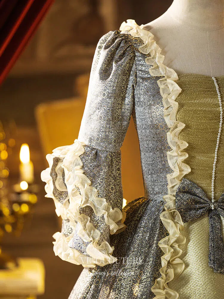 Prom Dress 2025 Grey Ruffled Bow-Tie Vintage Princess Dress Puffed Sleeve Quinceanera Dresses 25043-unique elegant Prom Dresses-Grey-Custom Size-vigocouture