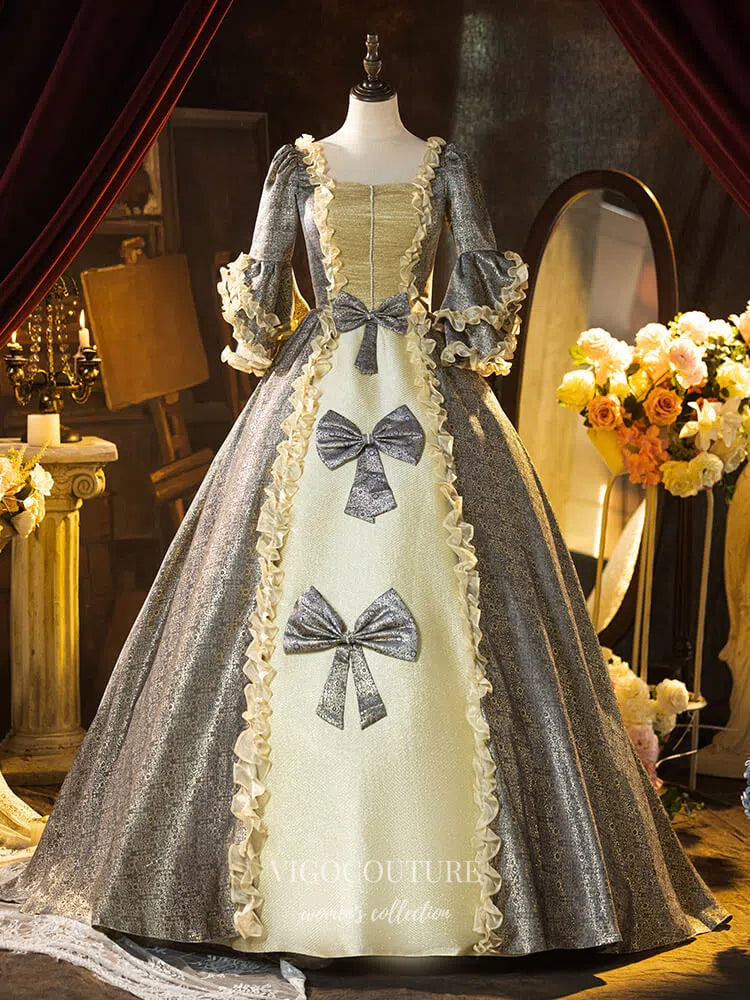 Grey Ruffled Bow-Tie Vintage Princess Dress Puffed Sleeve Quinceanera Dresses 25043 Custom Colors / US16 Grey Ruffled Bow-Tie Vintage Princess Dress Puffed Sleeve Quinceanera Dresses 25043 Custom Colors / US16