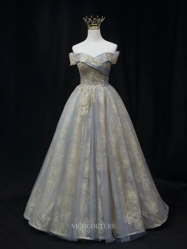 Prom Dresses 2025 to impress Grey Sparkly Tulle Prom Dresses with Gold Lace, Off the Shoulder Formal Dresses SU008-vigocouture-vigocouture