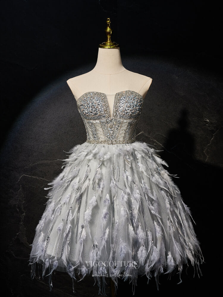 Grey Strapless Feather Homecoming Dress Beaded Graduation Dress hc309 Custom Colors / 24W Grey Strapless Feather Homecoming Dress Beaded Graduation Dress hc309 Custom Colors / 24W