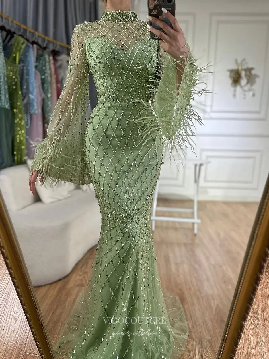 High Neck Sequin Gown with Feather Flare Sleeves – Style 25334 – vigocouture