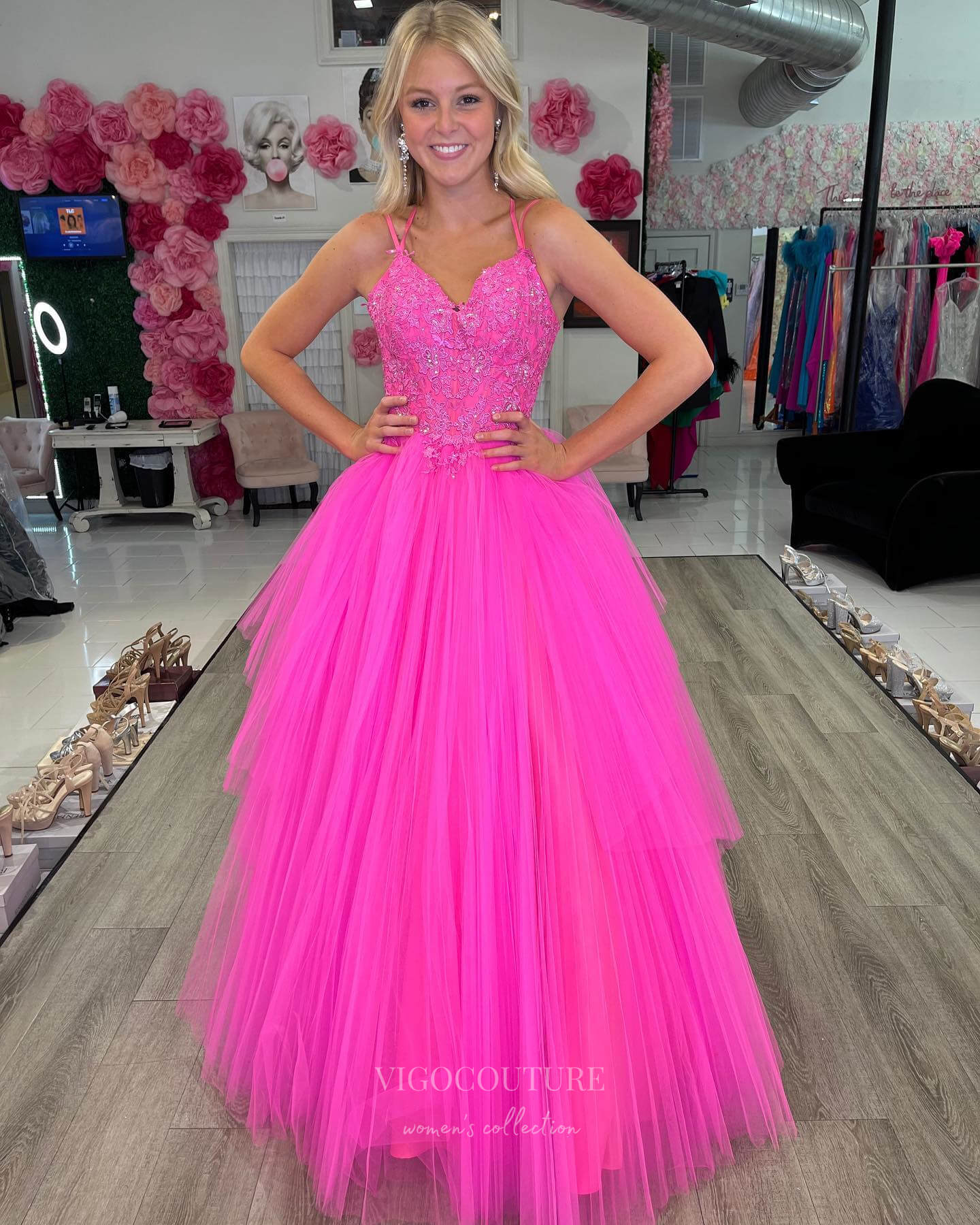 Hot Pink Lace Applique Cheap Prom Dresses Pleated Tulle Spaghetti Stra vigocouture Hot Pink Lace Applique Cheap Prom Dresses Pleated Tulle Spaghetti Stra vigocouture
