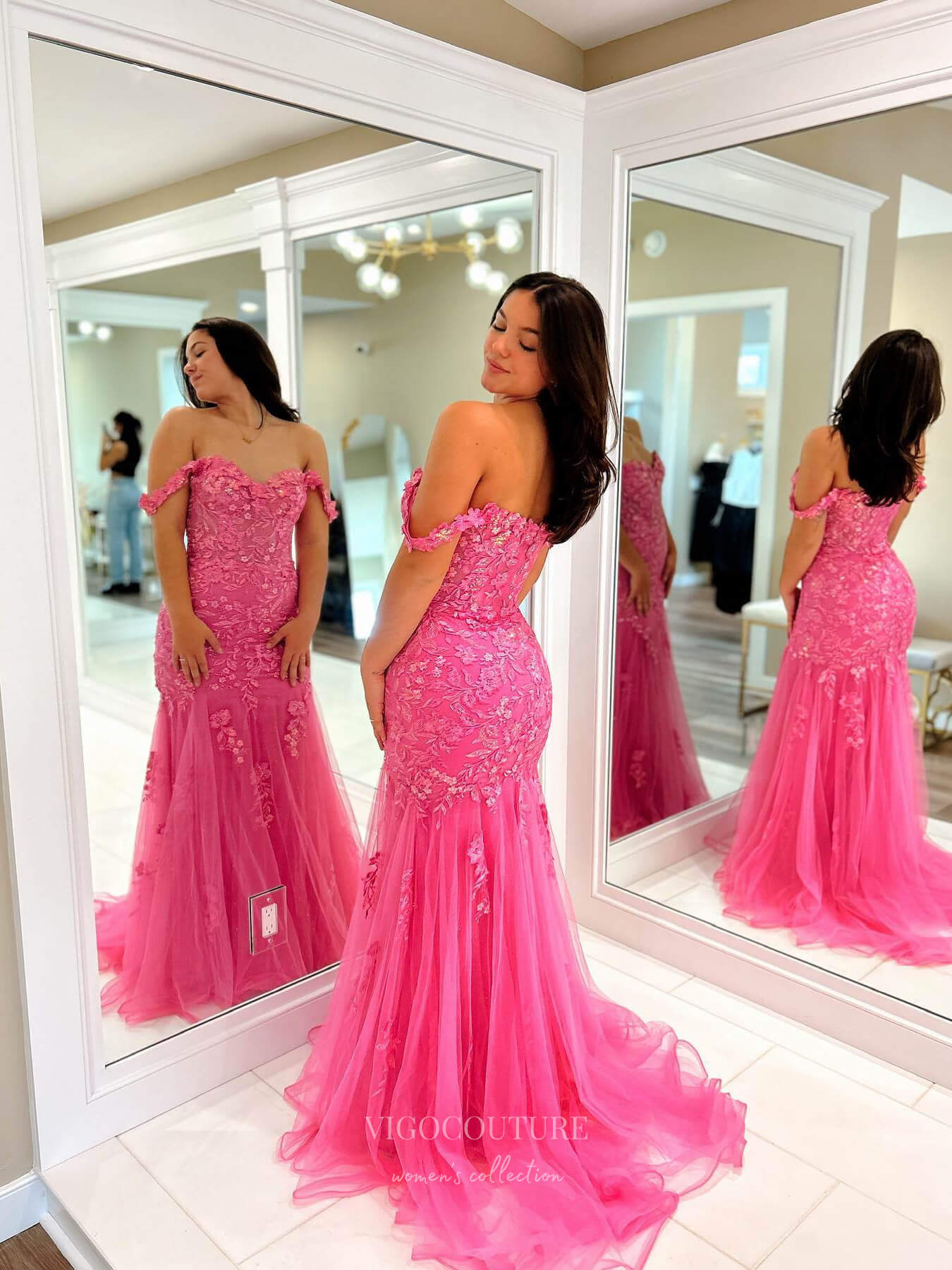 Hot Pink Mermaid Lace Applique Prom Dresses Off the Shoulder Evening Dress 24083 Custom Colors / US10 Hot Pink Mermaid Lace Applique Prom Dresses Off the Shoulder Evening Dress 24083 Custom Colors / US10