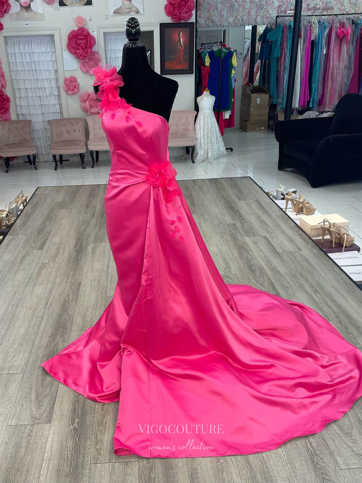 Hot Pink One Shoulder Satin Prom Dresses 3D Flower Formal Gown 24158 vigocouture Hot Pink One Shoulder Satin Prom Dresses 3D Flower Formal Gown 24158 vigocouture