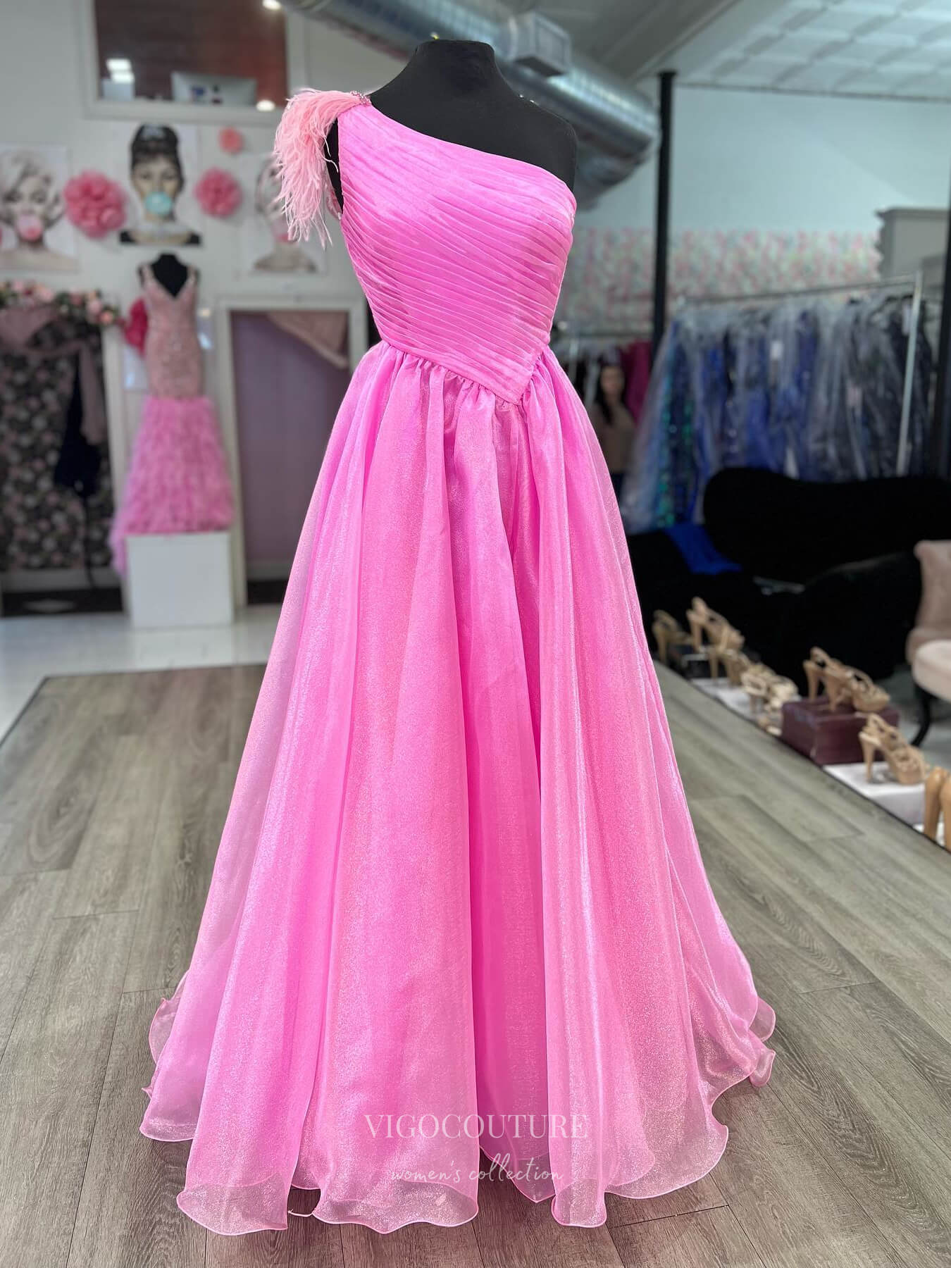 Hot Pink Organza One Shoulder Prom Dresses Feather Pleated Bodice 24171 Custom Colors / US0 Hot Pink Organza One Shoulder Prom Dresses Feather Pleated Bodice 24171 Custom Colors / US0