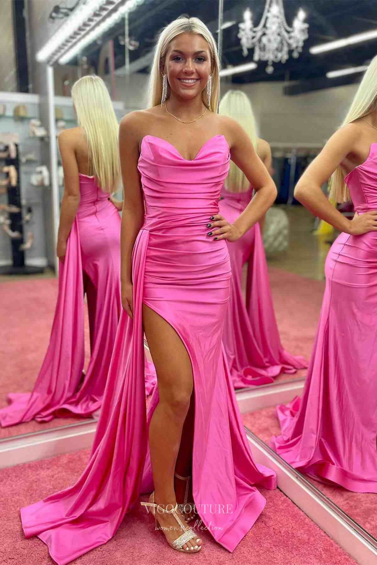 Hot Pink Pleated Satin Mermaid Prom Dresses with Slit Overskirt 24224 Hot Pink / US14 Hot Pink Pleated Satin Mermaid Prom Dresses with Slit Overskirt 24224 Hot Pink / US14