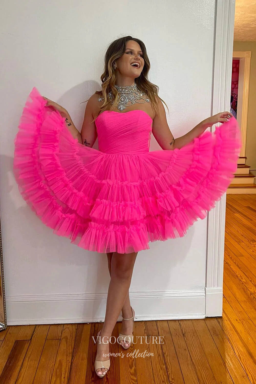 Hot Pink Ruffled Tiered Homecoming Dresses Strapless Back to School Dr vigocouture Hot Pink Ruffled Tiered Homecoming Dresses Strapless Back to School Dr vigocouture