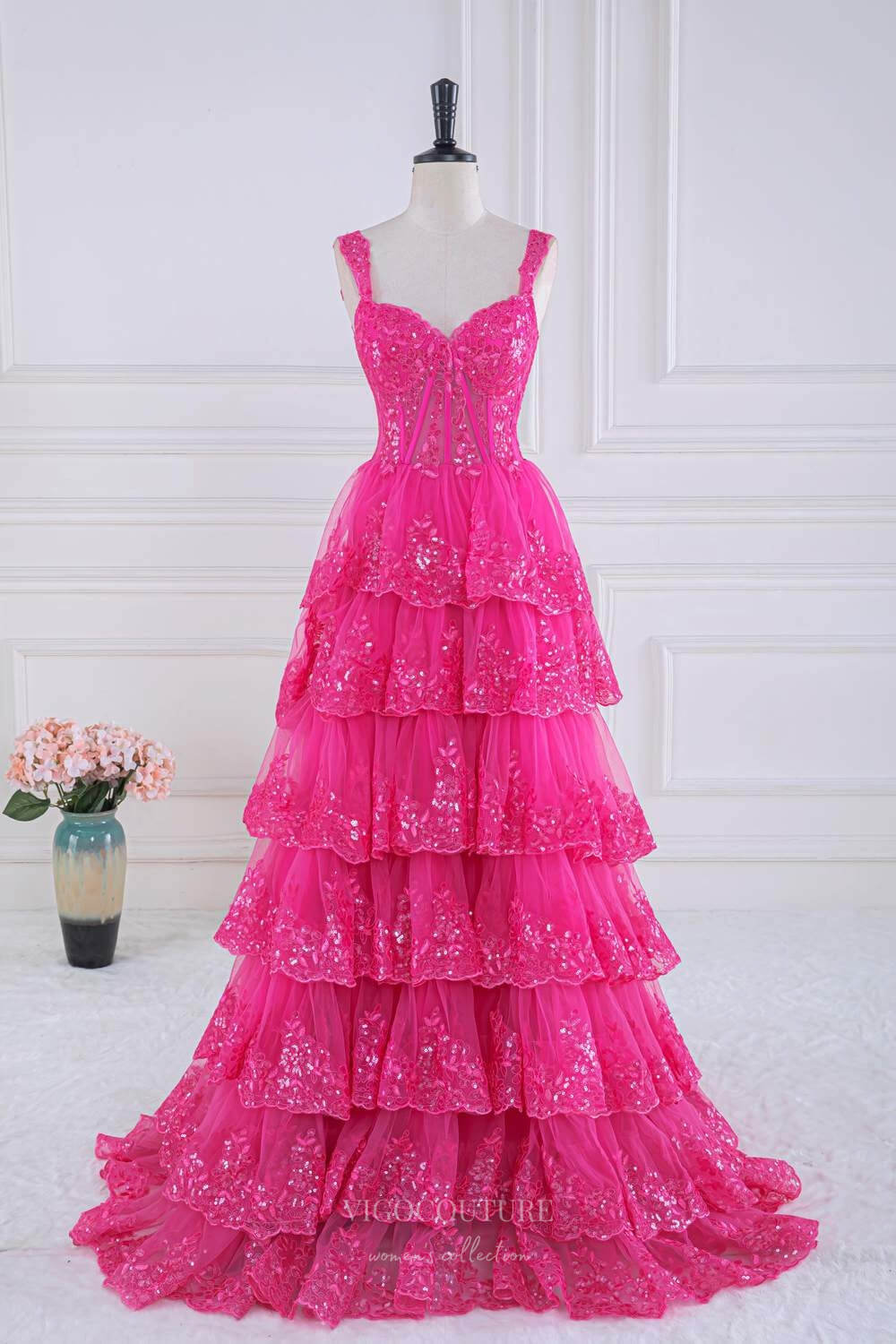 Hot Pink Sequin Lace Tiered Prom Dresses Sheer Boned Bodice 24303 vigocouture Hot Pink Sequin Lace Tiered Prom Dresses Sheer Boned Bodice 24303 vigocouture