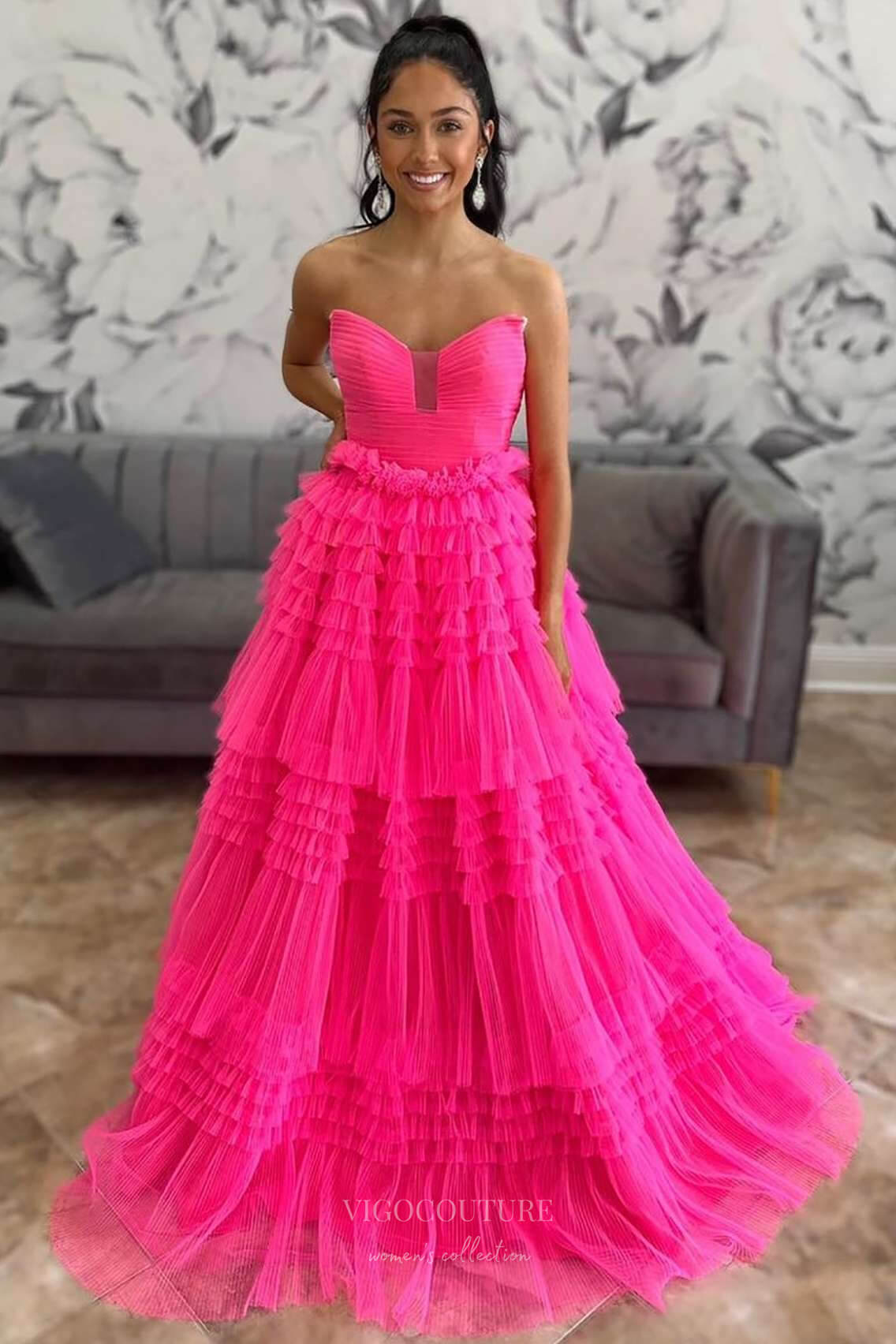 Hot Pink Tiered Ruffled Prom Dresses Strapless Pleated Bodice Formal Gown 24371 Custom Colors / US2 Hot Pink Tiered Ruffled Prom Dresses Strapless Pleated Bodice Formal Gown 24371 Custom Colors / US2