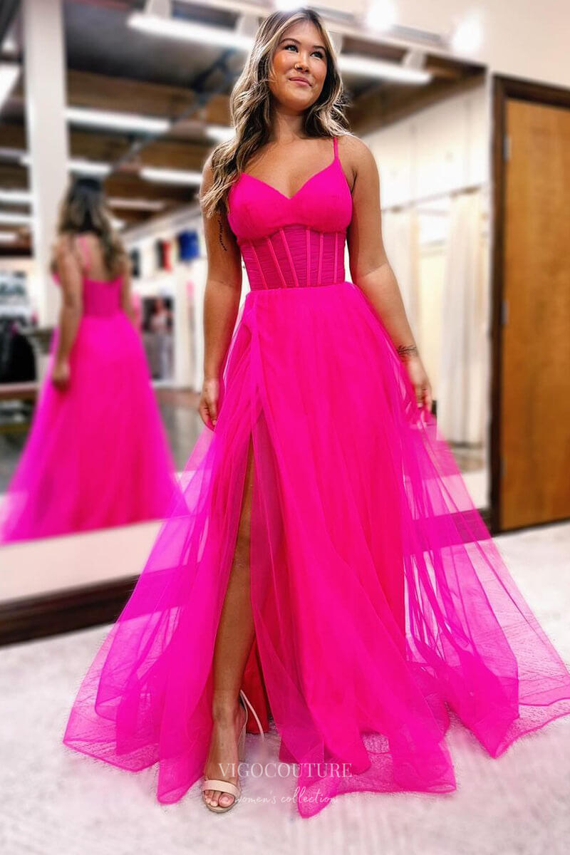 Hot Pink Tulle Prom Dresses with Slit Spaghetti Strap Boned Bodice 242 vigocouture Hot Pink Tulle Prom Dresses with Slit Spaghetti Strap Boned Bodice 242 vigocouture