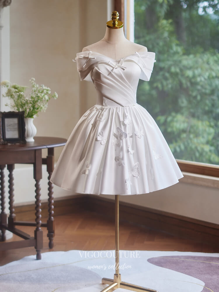 Off Shoulder Tea Length Graduation Dress A-Line Tea Length Satin