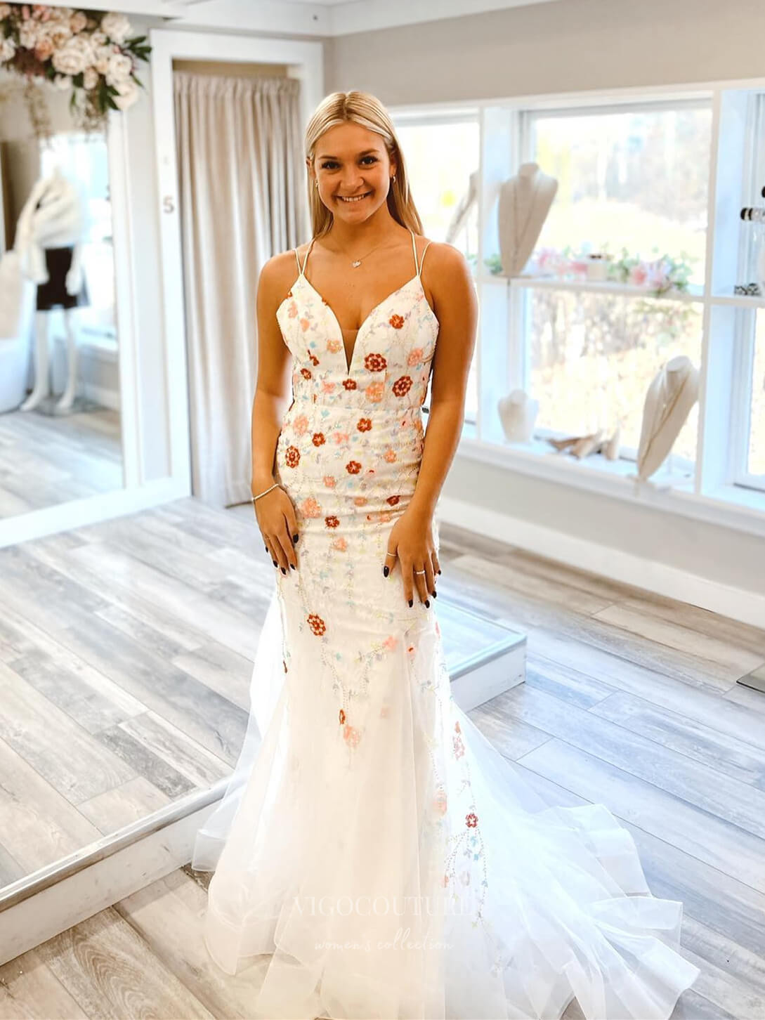 Ivory Floral Lace Mermaid Prom Dresses Spaghetti Strap Corset Back V-Neck 24062 Custom Colors / 24W Ivory Floral Lace Mermaid Prom Dresses Spaghetti Strap Corset Back V-Neck 24062 Custom Colors / 24W