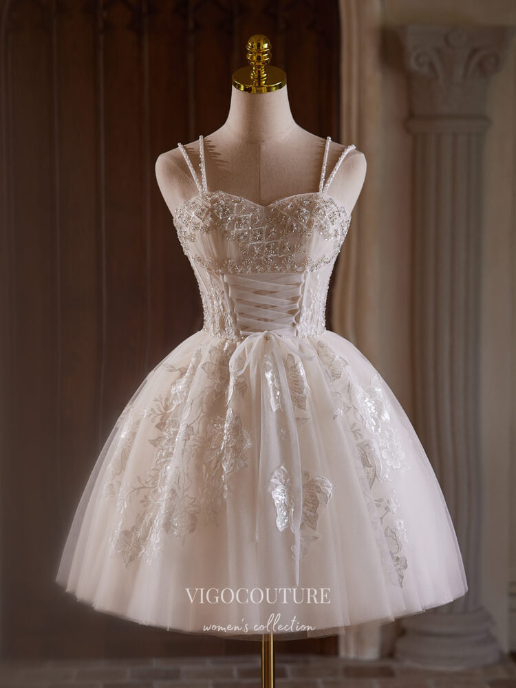 white graduation dress lace Ivory Lace Applique Homecoming Dress Beaded Spaghetti Strap Graduation Dress hc318 Custom Colors / US6