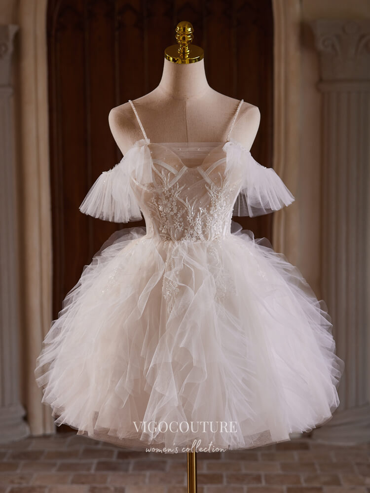 Ivory Lace Applique Homecoming Dress Ruffled Spaghetti Strap Graduatio vigocouture Ivory Lace Applique Homecoming Dress Ruffled Spaghetti Strap Graduatio vigocouture