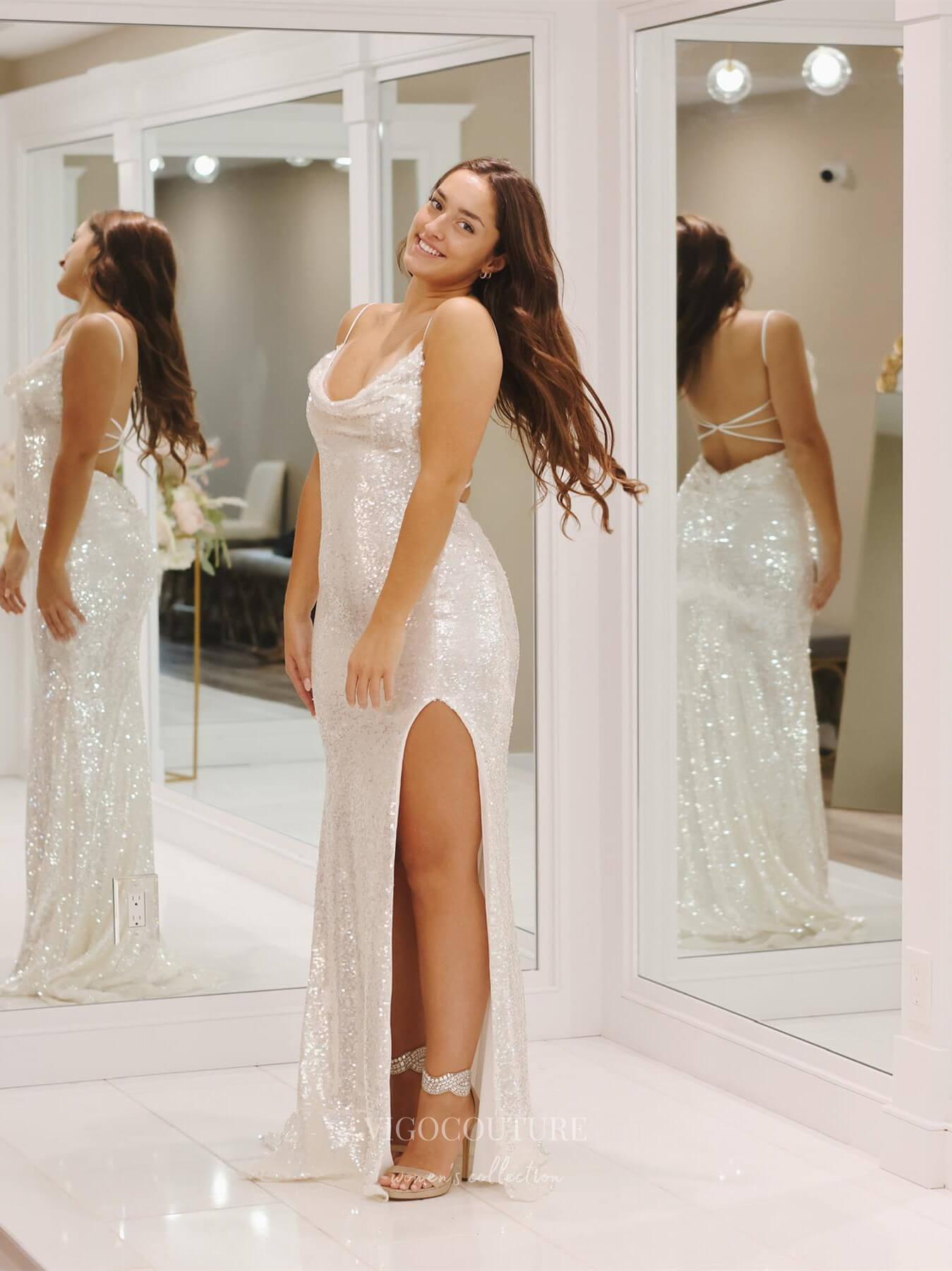 Ivory Sequin Mermaid Cowl Neck Prom Dresses with Slit Spaghetti Strap Corset Back 24101 Custom Colors / 18W Ivory Sequin Mermaid Cowl Neck Prom Dresses with Slit Spaghetti Strap Corset Back 24101 Custom Colors / 18W