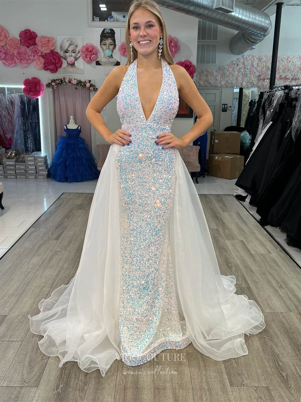 Ivory Sequin Mermaid Prom Dresses Organza Overskirt Plunging V-Neck 24184 Ivory / US10 Ivory Sequin Mermaid Prom Dresses Organza Overskirt Plunging V-Neck 24184 Ivory / US10