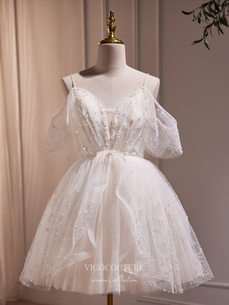 Ivory Spaghetti Strap Hoco Dresses with Pearl Sweetheart Neck Graduati vigocouture Ivory Spaghetti Strap Hoco Dresses with Pearl Sweetheart Neck Graduati vigocouture