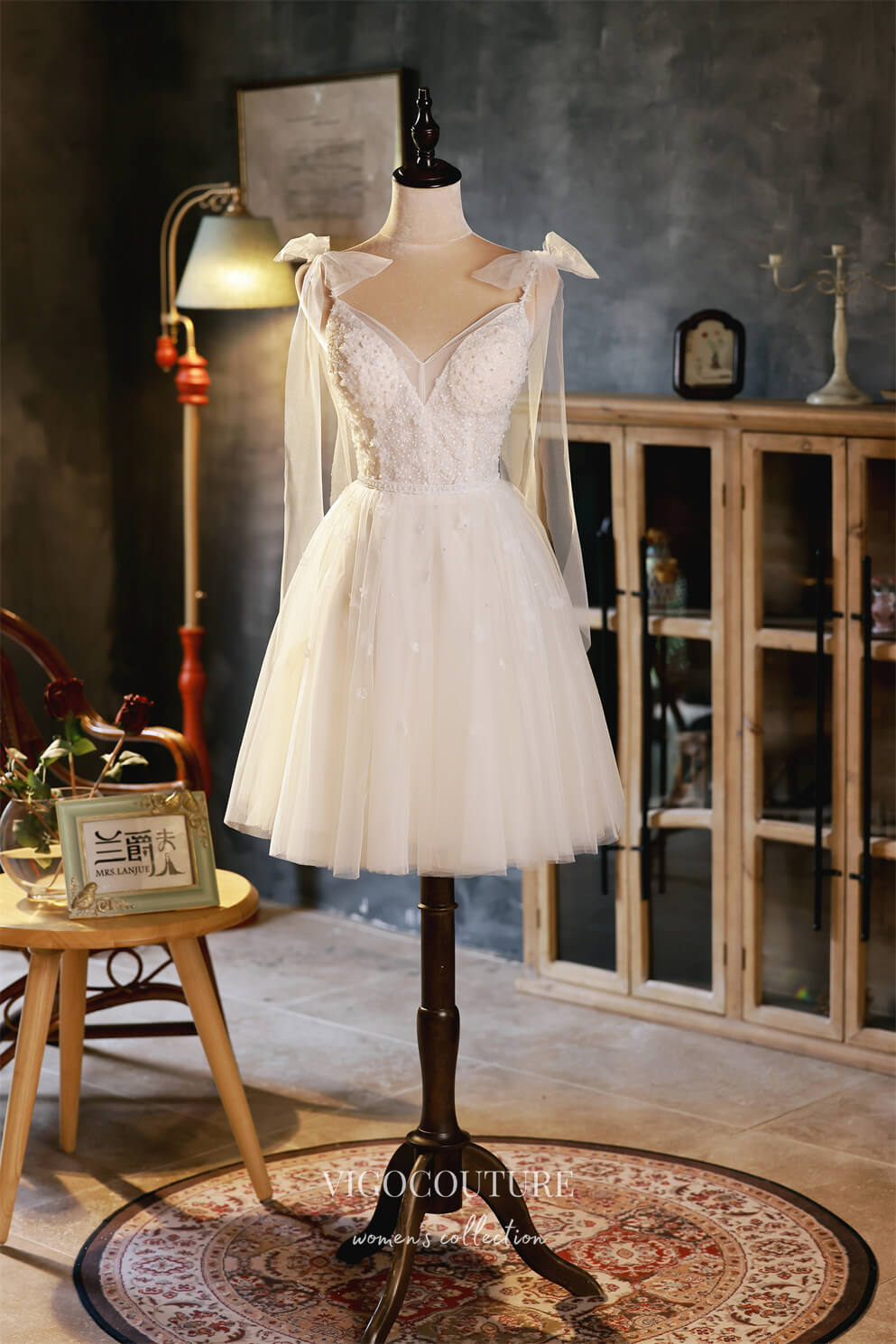 | Ivory V Neck Spaghetti Straps Beading Short Homecoming Dresses, Ivory / 18 | Ivory V Neck Spaghetti Straps Beading Short Homecoming Dresses, Ivory / 18