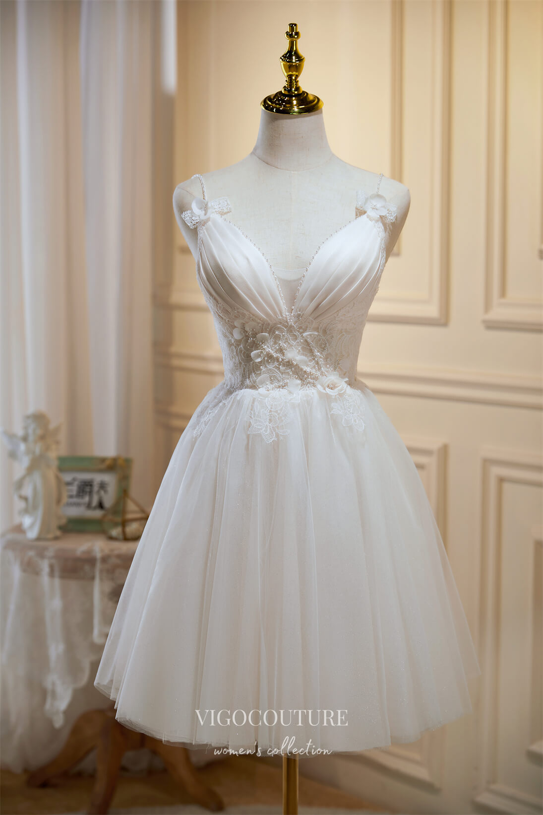 Ivory Spaghetti Strap Homecoming Dresses V-Neck Lace Applique Hoco Dre vigocouture Ivory Spaghetti Strap Homecoming Dresses V-Neck Lace Applique Hoco Dre vigocouture