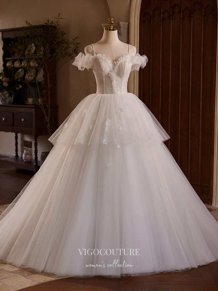 Ivory Tiered Lace Applique Prom Dresses Spaghetti Strap Formal Gown 24 vigocouture Ivory Tiered Lace Applique Prom Dresses Spaghetti Strap Formal Gown 24 vigocouture