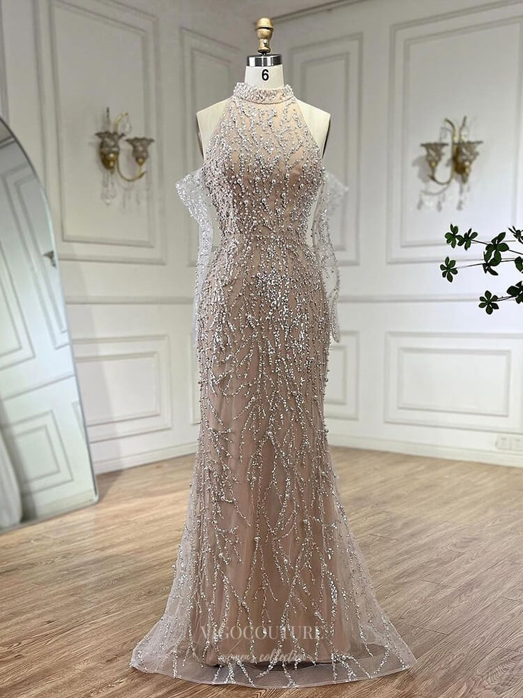 Khaki Beaded Lace Mermaid Pageant Dresses Removable Sleeve Evening Dre vigocouture Khaki Beaded Lace Mermaid Pageant Dresses Removable Sleeve Evening Dre vigocouture