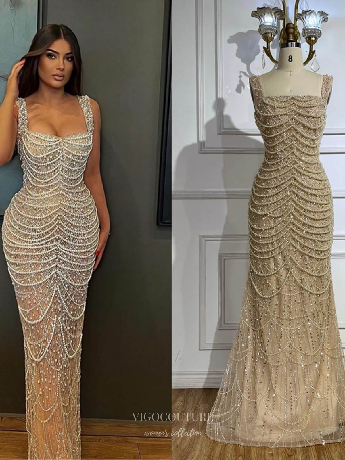 Khaki Beaded Mermaid Prom Dresses Pearl String Square Neck Pageant Dress 25011 Khaki / US8 Khaki Beaded Mermaid Prom Dresses Pearl String Square Neck Pageant Dress 25011 Khaki / US8