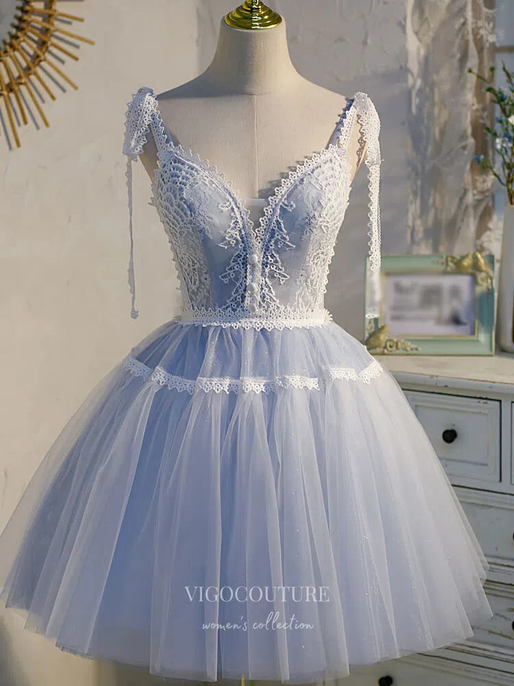 short prom dresses with sparkles Lace Applique Homecoming Dresses Sparkly Tulle Dama Dresses hc134 Light Blue / US10