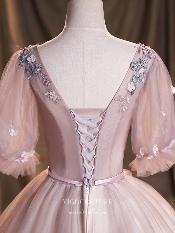 Prom Dress 2025 Lace Applique Quinceanera Dresses Short Sleeve Sweet 15 Dresses 21385-unique elegant Prom Dresses-Blush-Custom Size-vigocouture