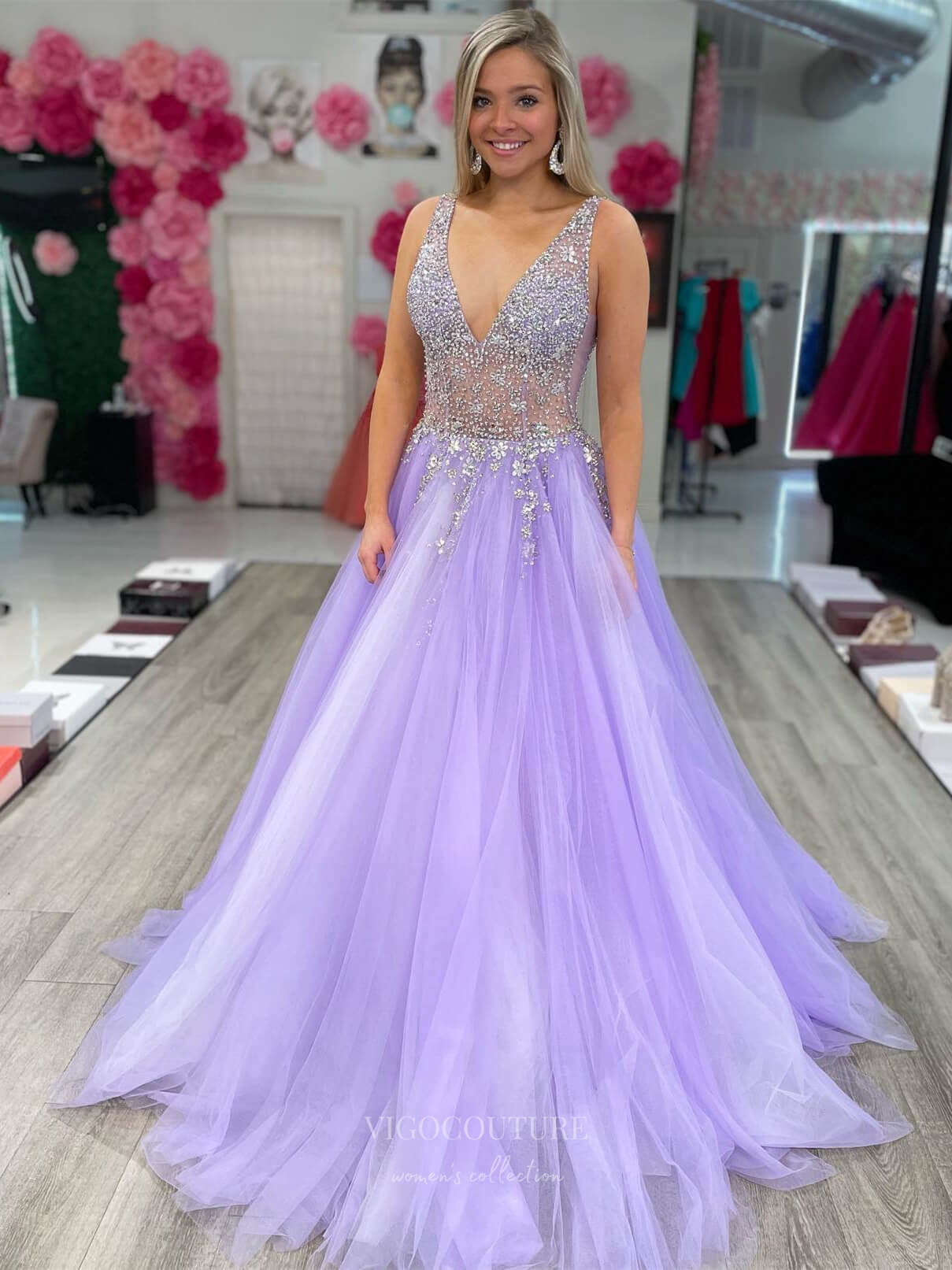 Lavender Beaded Sheer Cheap Prom Dresses V-Neck Tulle Formal Gown 2434 vigocouture Lavender Beaded Sheer Cheap Prom Dresses V-Neck Tulle Formal Gown 2434 vigocouture