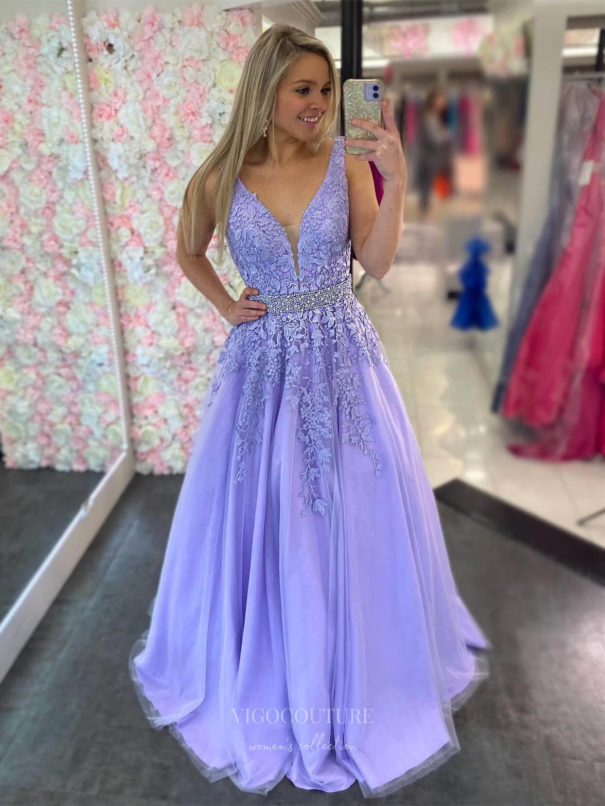 Lavender Lace Applique Cheap Prom Dresses 2024 Beaded Waist Plunging V-Neck 24294 Lavender Lace Applique Cheap Prom Dresses 2024 Beaded Waist Plunging V-Neck 24294