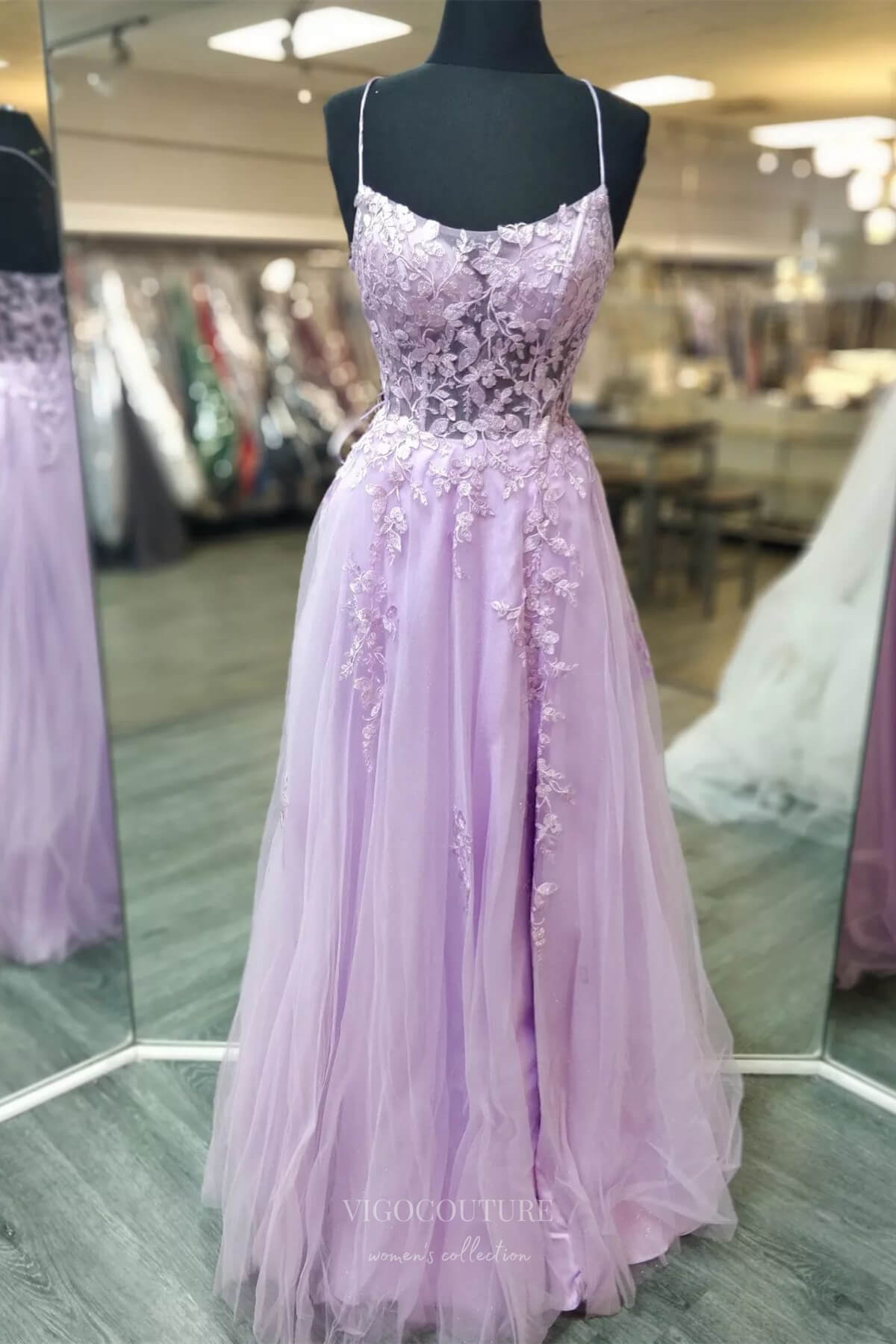 Lavender Lace Applique Cheap Prom Dresses with Slit Spaghetti Strap 24 – vigocouture Lavender Lace Applique Cheap Prom Dresses with Slit Spaghetti Strap 24 – vigocouture